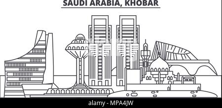 Arabia Saudita, Khobar skyline di linea illustrazione vettoriale. Arabia Saudita, Khobar paesaggio urbano lineare con famosi luoghi di interesse e attrazioni della città, il vettore orizzontale. Illustrazione Vettoriale