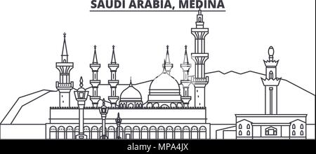 Arabia Saudita, Medina skyline di linea illustrazione vettoriale. Arabia Saudita, Medina paesaggio urbano lineare con famosi luoghi di interesse e attrazioni della città, il vettore orizzontale. Illustrazione Vettoriale