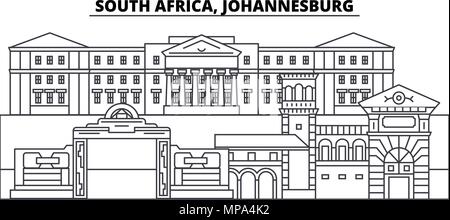 Sud Africa, linea di Johannesburg sullo skyline di illustrazione vettoriale. Sud Africa, Johannesburg paesaggio urbano lineare con famosi luoghi di interesse e attrazioni della città, il vettore orizzontale. Illustrazione Vettoriale