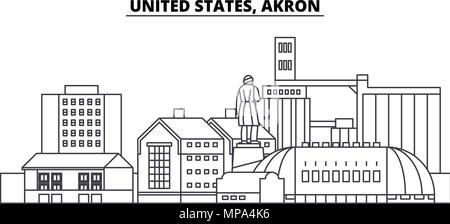 Stati Uniti, Akron skyline di linea illustrazione vettoriale. Sud Aunited membri, Akron paesaggio urbano lineare con famosi luoghi di interesse e attrazioni della città, il vettore orizzontale. Illustrazione Vettoriale