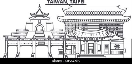 Taiwan, Taipei skyline di linea illustrazione vettoriale. Taiwan, Taipei paesaggio urbano lineare con famosi luoghi di interesse e attrazioni della città, il vettore orizzontale. Illustrazione Vettoriale