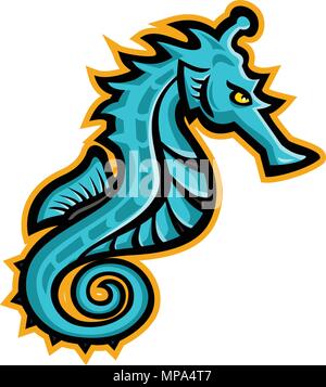 Icona di mascotte illustrazione di un cavalluccio marino, mare, a cavallo o cavallo di mare, un piccolo pesci marini in genere Hippocampus visto dal lato isolato su sfondo ho Illustrazione Vettoriale