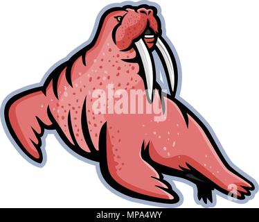 Icona di mascotte illustrazione di un maschio mustached e long-tusked ATLANTICO PACIFICO o tricheco, una grande flippered mammifero marino visto dal lato su isolato Illustrazione Vettoriale