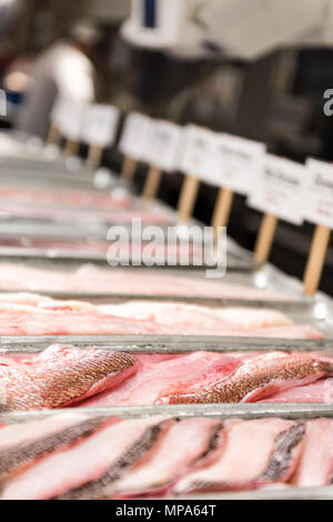 Primo piano di molti sogliola fresca i filetti di pesce carne rosa scale raw pelle a base di frutti di mare market shop visualizzare il vassoio, righe di frutti di mare Foto Stock