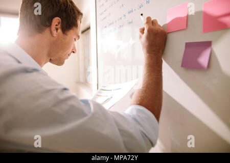 Imprenditore rendendo note su una scheda e collocando colorato sticky notes sulla scheda. Foto Stock