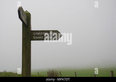 In legno Percorso Costiero cartello da un campo di pascolo avvolto nella nube di terra di avvezione nebbia dal Mare del Nord. Cove Bay, Aberdeen Scotland, Regno Unito. Foto Stock