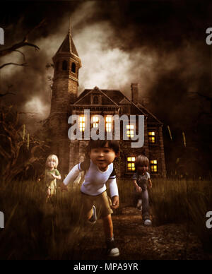 I ragazzi di scappare da un Haunted House,3d illustrazione Foto Stock