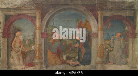 . La Natività con San Gerolamo e San Francesco di Assisi che riceve le stimmate, affresco dal tribunale della Casa Lanfranchi, xv secolo, 147,3 da 282 cm. Acquisita da Brooklyn Museum con fondi della collezione del Museo Fondo (inv. n. 11.526). Venduto da Brooklyn Museum nel 2013. . Xv secolo. Creatore:Maveolo da Cazano 877 Maveolo Da Cazano Natività con San Gerolamo e San Francesco di Assisi che riceve il S Foto Stock
