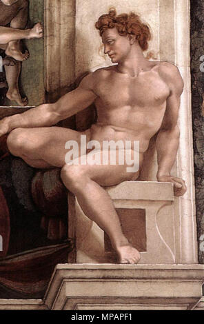 Ignudo (restaurata) 1509. 889 Michelangelo Cappella Sistina - Ignudo sopra Erythraean Sibyl Foto Stock