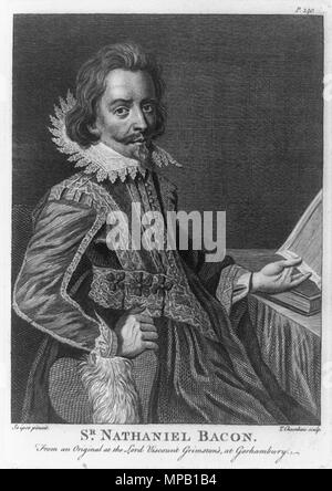 . Inglese: descrizione della trasmissione LOC è '[Nathaniel Bacon, tre quarti di lunghezza verticale, seduto, rivolto verso destra] incisione di T. Chambars dopo un dipinto di Seipse. creato/pubblicato [tra il 1760 e il 1800]." Questo è Sir Nathaniel Bacon, 1585-1627, il pittore. Tra il 1760 e il 1800. Incisione di T. Chambars dopo un autoritratto 919 Nathaniel Bacon Foto Stock