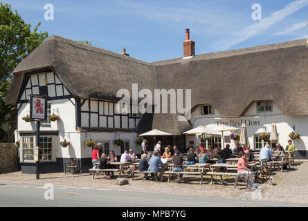 Persone bere fuori dal tetto di paglia storico Pub Red Lion, Avebury, Wiltshire, Inghilterra, Regno Unito Foto Stock