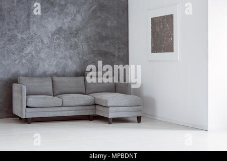 Vuoto semplice soggiorno con divano grigio contro il muro di cemento e argento dipinto sul muro bianco Foto Stock