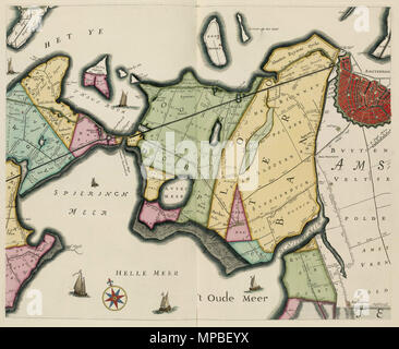 . Nederlands: Kaart uit 1746 van het Hoogheemraadschap Rijnland van, deelgebied Amsterdam - Halfweg - Haarlemmerliede. Deze kaart è de derde uitgave van de overzichtskaart van 1647, porta vervaardigd de landmeters Jan Janszoon (Johannes) Douw en Steven Pieterszoon van Brouckhuijsen. De tweede uitgave, porta herzien Johan Douw, werd uitgegeven nel 1687. Deze derde uitgave uit 1746 è ingrijpend porta herzien landmeter Melchior Bolstra. De wijzigingen hebben vooral betrekking op het in kaart brengen van uitgestrekte veenplassen en reeds drooggemaakte veenplassen. Deze plassen zijn ontstaan vanaf 15 Foto Stock