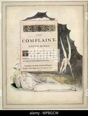 . Inglese: Notte pensieri Blake acquerello ho 003 Studio di stampa / disegno •9/29Precedente Prossimo • Torna ai risultati della ricerca • Oggetto o Studio di stampa (termine dettagli) o disegno (termine dettagli) • Il museo numero 1929,0713.5 • Descrizione notte I, pagina 3, "Tir'd natura dolce restauratore', dai giovani della "Notte Pensieri"; la pagina di testo montato su disegno con coricate ed insonne figura con espressione travagliata al di sotto delle nubi e stelle tutto intorno, alato nella figura a destra. c.1785-7 Penna e inchiostro grigio, grigio lavare e acquerello su retro di grafite: Notte I, pagina 4, "ancora che sono state vane, se i sogni infestano la tomba"; pagina Foto Stock