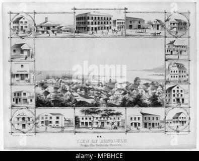 . Inglese: No. 4. Vista di Honolulu. Da parte della Chiesa Cattolica. Disegnato da Paolo Emmert, litografia da Britton & Rey, San Francisco, 1854. Warren Goodale (1897). "Honolulu nel 1853". Carte di Hawaiian Historical Society. Hawaiian Historical Society. . Circa 1853. Paolo Emmert (1826-1867) nomi alternativi Paolo Emert Descrizione pittore svizzero Data di nascita e morte 1826 1867 Luogo di nascita e morte Berna in Svizzera, Honolulu, Hawaii, Stati Uniti d'America periodo di lavoro 1845-1867 sede di lavoro New York, California, Hawaii competente controllo : Q7150498 VIAF: 96548212 ULAN: 500116954 932 Foto Stock