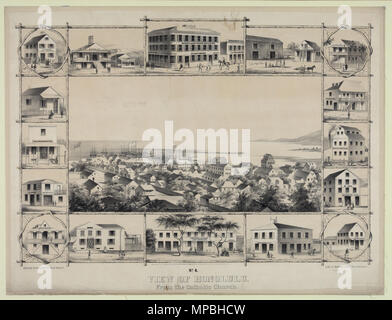 . Inglese: No. 4. Vista di Honolulu. Da parte della Chiesa Cattolica. Disegnato da Paolo Emmert, litografia da Britton & Rey, San Francisco, 1854. Warren Goodale (1897). "Honolulu nel 1853". Carte di Hawaiian Historical Society. Hawaiian Historical Society. . Circa 1853. Paolo Emmert (1826-1867) nomi alternativi Paolo Emert Descrizione pittore svizzero Data di nascita e morte 1826 1867 Luogo di nascita e morte Berna in Svizzera, Honolulu, Hawaii, Stati Uniti d'America periodo di lavoro 1845-1867 sede di lavoro New York, California, Hawaii competente controllo : Q7150498 VIAF: 96548212 ULAN: 500116954 932 Foto Stock