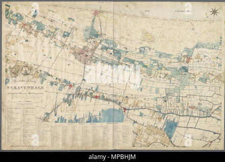 Inglese: nuova mappa di La Hague e villaggi circostanti e il paese-sedili - Incisione colorata - 1839 1839. 933 Noordaa - Nieuwe kaart van 's-Gravenhage met de omliggende dorpen en buitenplaatsen - penna in zwart; penseel in kleur - 1839 Foto Stock