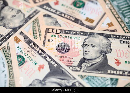 Dieci US Dollar Bills close up. Sfondo di denaro Foto Stock