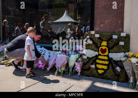 La St Anne's Square, Manchester, Regno Unito. 22 Maggio, 2018. Un padre e figlio fiori di laici a un memoriale di St. Anne's Square, Manchester per commemorare il primo anniversario della Manchester Arena bombardamenti. . Credito: Ian WALKER/Alamy Live News Foto Stock