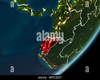 Ecuador come visto da orbita terrestre sul pianeta terra di notte evidenziata in rosso con confini visibili e luci della citta'. 3D'illustrazione. Gli elementi di questo Foto Stock