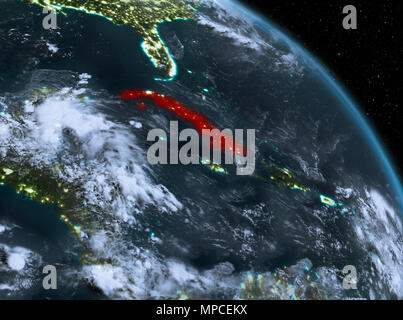Notte sopra Cuba evidenziata in rosso sul modello del pianeta Terra nello spazio. 3D'illustrazione. Gli elementi di questa immagine fornita dalla NASA. Foto Stock