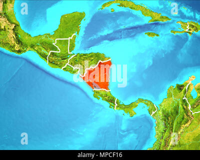 Nicaragua evidenziata in rosso da orbita terrestre. 3D'illustrazione. Gli elementi di questa immagine fornita dalla NASA. Foto Stock
