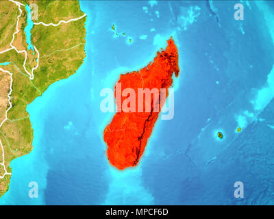 Madagascar evidenziata in rosso da orbita terrestre. 3D'illustrazione. Gli elementi di questa immagine fornita dalla NASA. Foto Stock