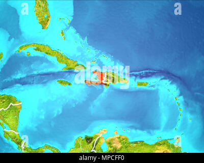 Haiti evidenziata in rosso da orbita terrestre. 3D'illustrazione. Gli elementi di questa immagine fornita dalla NASA. Foto Stock