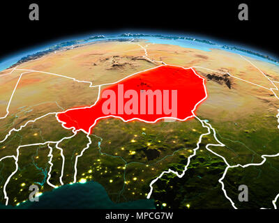 Mattina Niger sopra evidenziate in rosso sul modello del pianeta Terra nello spazio con visibili le linee di confine e luci della citta'. 3D'illustrazione. Gli elementi di questo Foto Stock