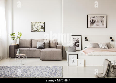 Foto reale di una singola persona, spazio aperto interno dell appartamento con un angolo grigio divano in soggiorno e un letto bianco con coperta rosa in bedro Foto Stock