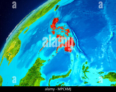 Vista orbita delle Filippine evidenziata in rosso sul pianeta Terra. 3D'illustrazione. Gli elementi di questa immagine fornita dalla NASA. Foto Stock