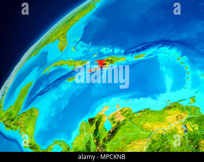 Vista orbita di Haiti evidenziata in rosso sul pianeta Terra. 3D'illustrazione. Gli elementi di questa immagine fornita dalla NASA. Foto Stock
