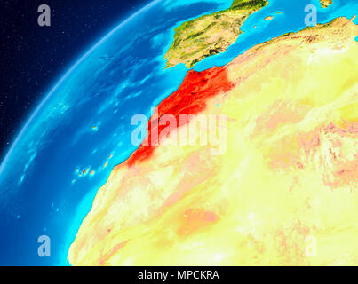 Vista orbita del Marocco evidenziata in rosso sul pianeta Terra. 3D'illustrazione. Gli elementi di questa immagine fornita dalla NASA. Foto Stock