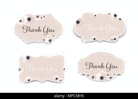 Biglietto di ringraziamento in colore rosa. Elegante sfondo floreale con testo e Cartoon carino di uccelli nel vettore. Illustrazione Vettoriale