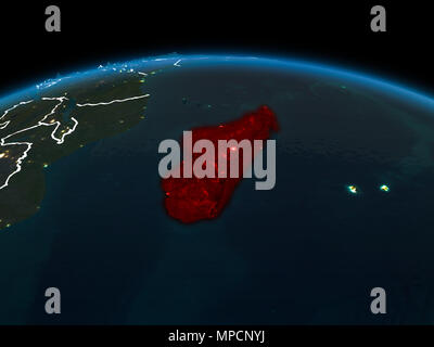 Spazio vista orbita del Madagascar evidenziata in rosso sul pianeta terra di notte con visibili i confini e le luci della città. 3D'illustrazione. Elementi del Foto Stock