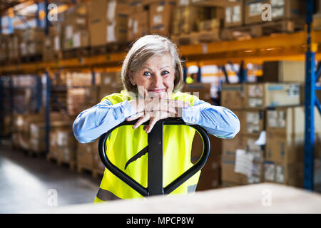 Senior donna lavoratore o un supervisore in un magazzino. Foto Stock