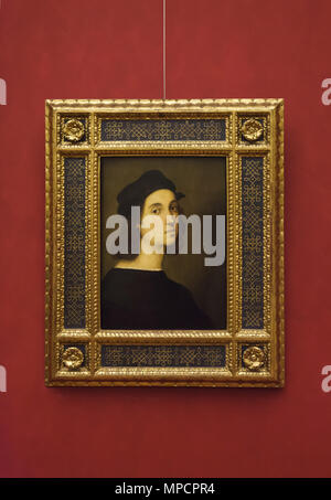 Self-portrait del Rinascimento italiano del pittore Raffaello datato circa dal 1506 in mostra nella Galleria degli Uffizi (Galleria degli Uffizi di Firenze, Toscana, Italia. Foto Stock