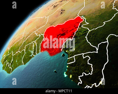 Illustrazione della Nigeria come visto da orbita terrestre in tarda serata con visibili le linee di confine e luci della citta'. 3D'illustrazione. Gli elementi di questa immagine Foto Stock