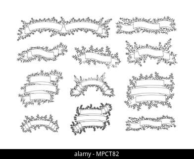 Nastri di set di cornici con serto di foglie illustrazione vettoriale design Illustrazione Vettoriale