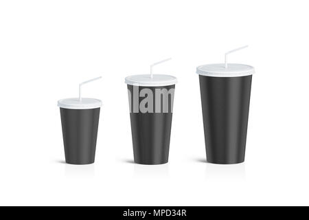 Nero Bianco tazza monouso paglia mock up set isolato, rendering 3d. Carta vuoto bere soda mug mockup con coperchio bianco e il tubo di dimensioni diverse. Cle Foto Stock