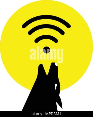 Silhouette del cane ululati e luna piena con il segnale di wi-fi. Vector internet wi-fi gratuito segnale. Wild Wolf. Illustrazione Vettoriale.Free Wi-fi con w Illustrazione Vettoriale