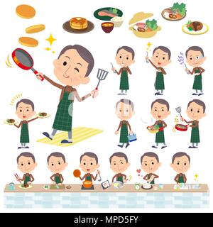 Set di pose diverse di marrone a collo alto uomo di mezza età per la cottura Illustrazione Vettoriale