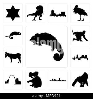 Set di 13 semplici icone modificabile come chameleon, gorilla, Maryland delineare, in nero, koala, Missouri, , asino, ninja, chameleon può essere utilizzato per i mo Illustrazione Vettoriale