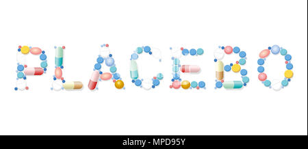 Il placebo scritto con le pillole, compresse e capsule - illustrazione su sfondo bianco. Foto Stock