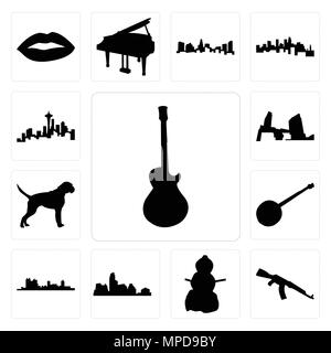 Set di 13 semplici icone modificabile come image les Paul, ak47, snowman, Austin skyline, Fort Worth banjo, cane boxer, long island può essere utilizzato per il mobile Illustrazione Vettoriale