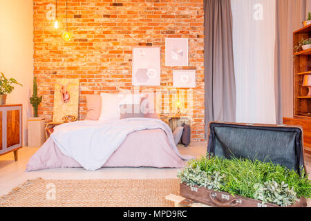 Camera da letto caldo con una decorazione piante verdi in valigia vintage Foto Stock