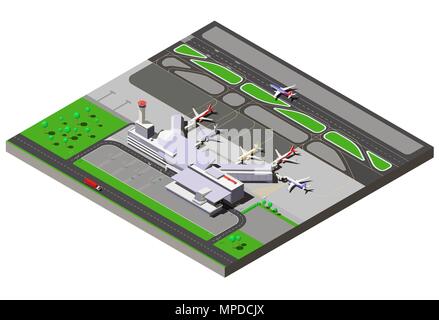 Isometrica del vettore international airport terminal con il traffico della torre di controllo e getti di passeggero Illustrazione Vettoriale