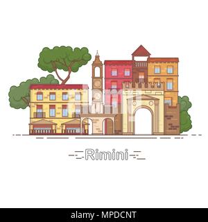 Italia Rimini contorno dello skyline della città, illustrazione lineare, banner, pietra miliare di viaggio Illustrazione Vettoriale