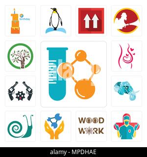 Set di 13 semplici icone modificabile come chemical Company, chirurgo, oggetti in legno, farmacia, lumache, testa di elefante, revolver, gravidanza, olivo può essere us Illustrazione Vettoriale