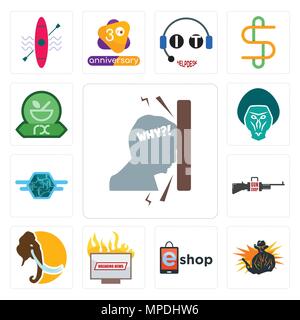 Set di 13 semplici icone modificabile come frustrazione, fuorilegge, eshop, le ultime notizie di mammut, gun shop, semi carrello, babbuino, farmacia può essere usata per mob Illustrazione Vettoriale